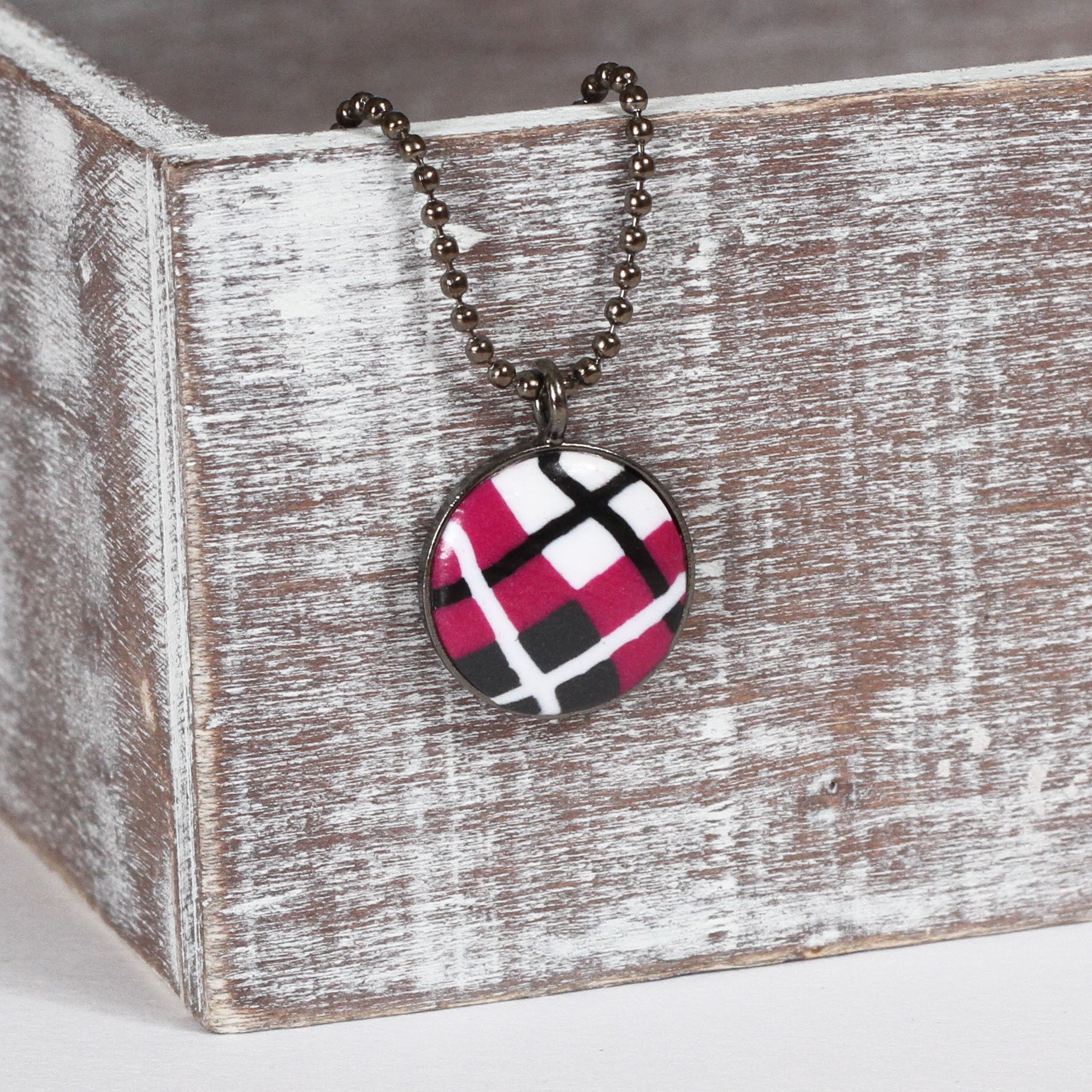 Pink Tartan clay necklace