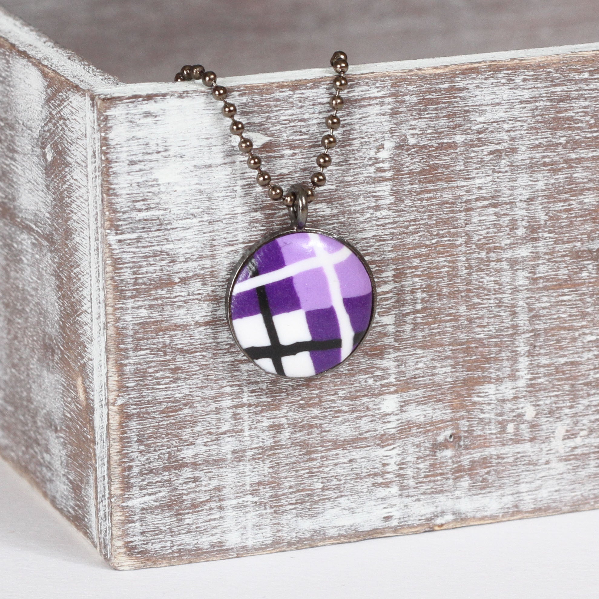 Purple Tartan clay necklace