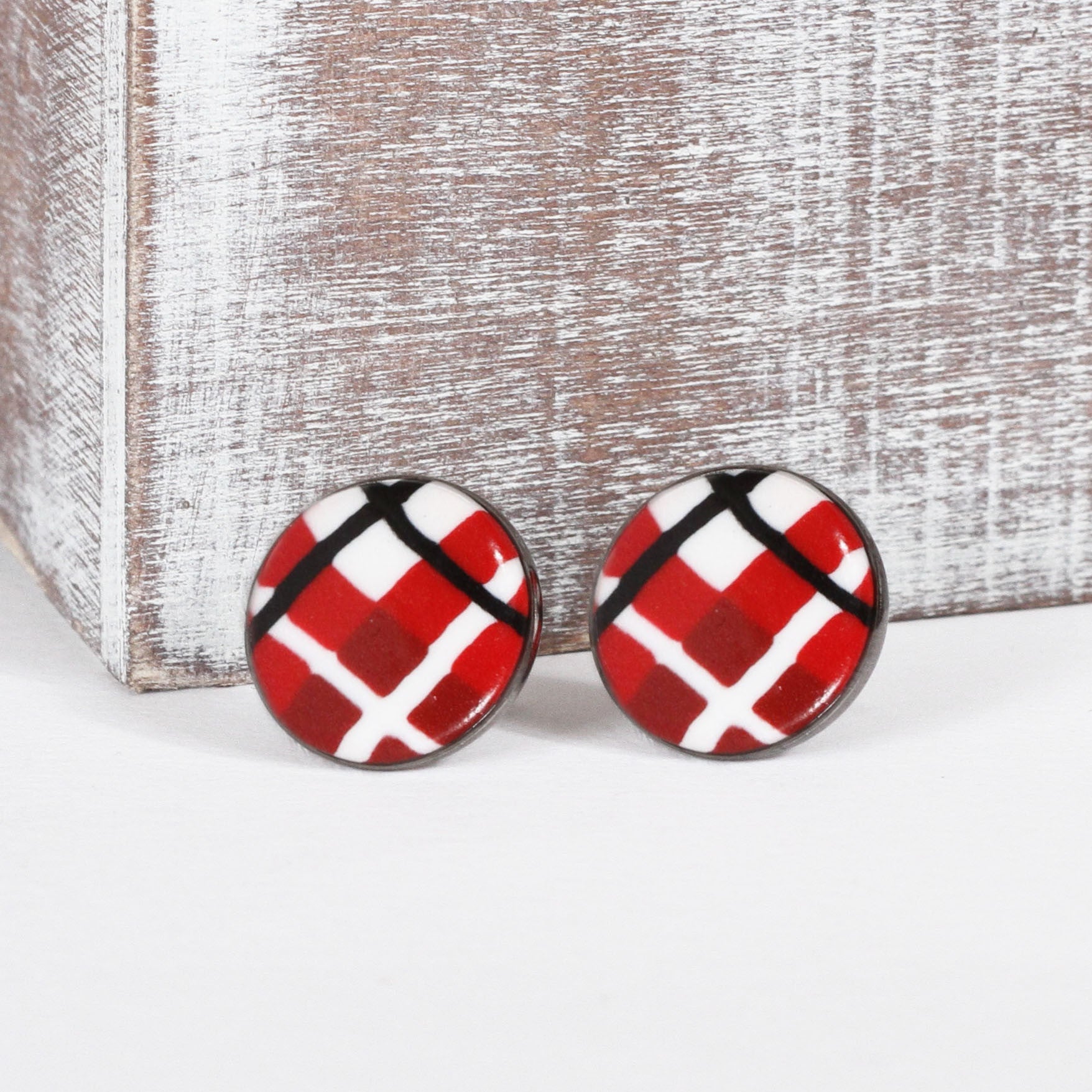 Red Tartan Clay Earrings