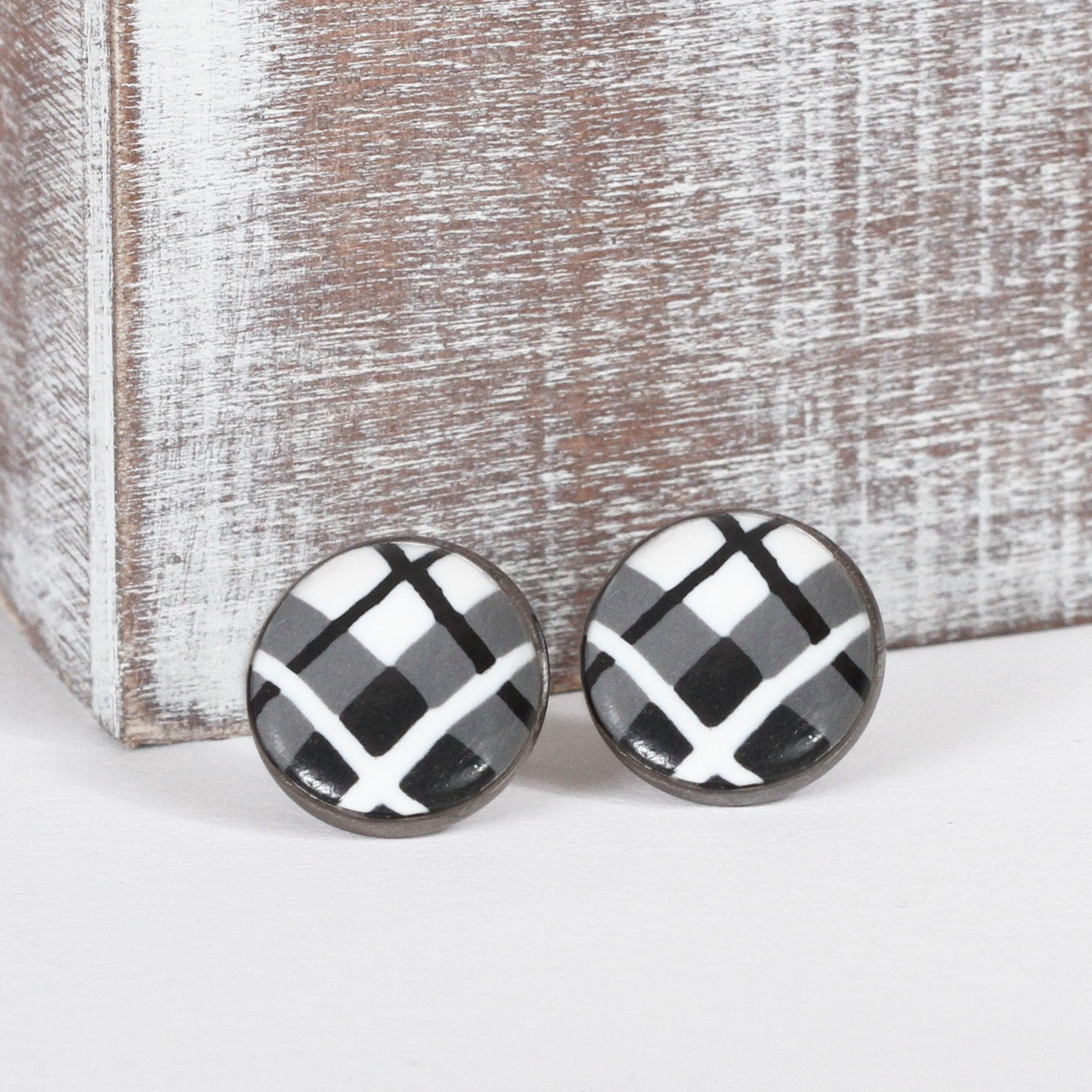 Black Tartan Clay Earrings