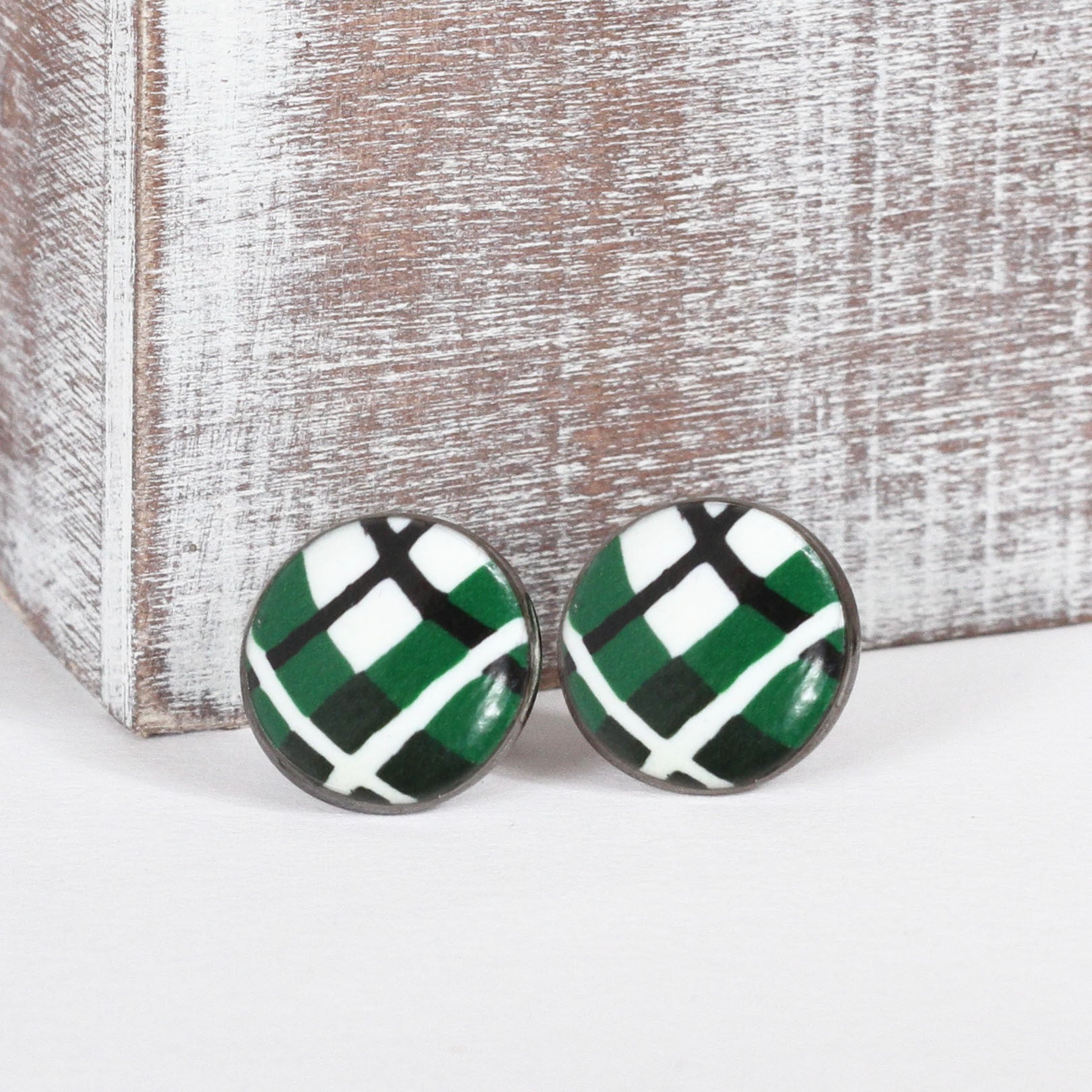 Green Tartan Clay Earrings