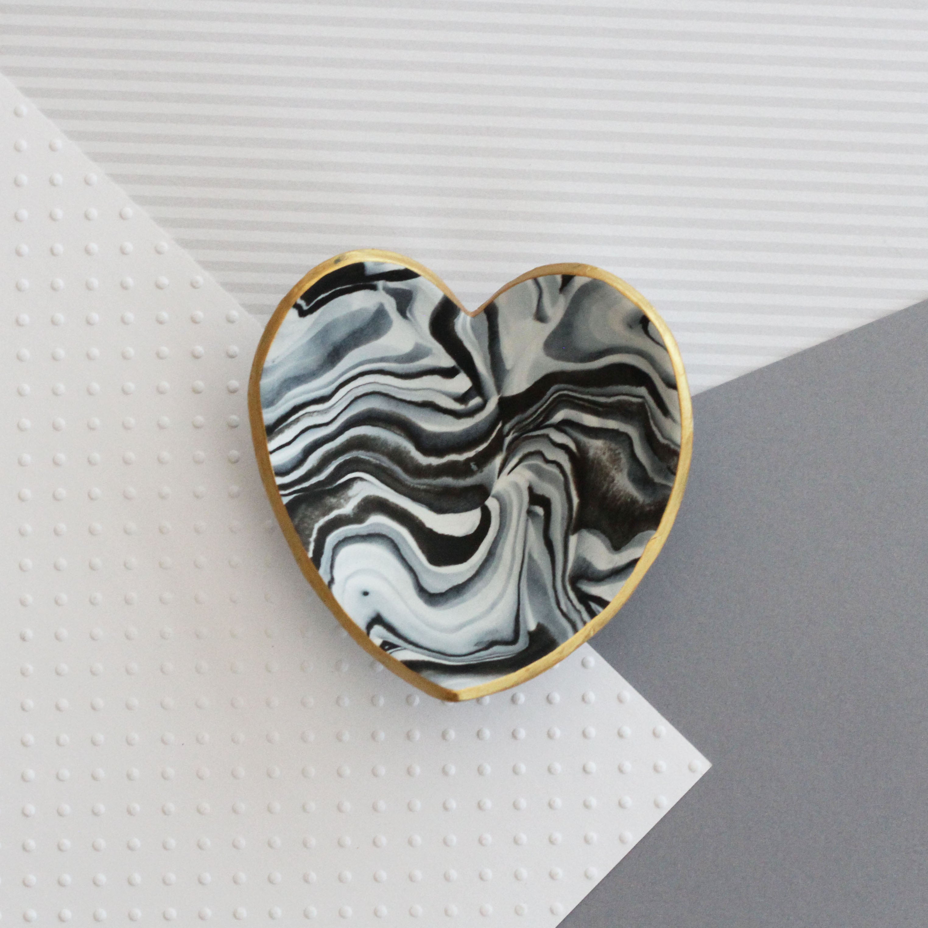 Marble clay heart trinket dish - gold edging