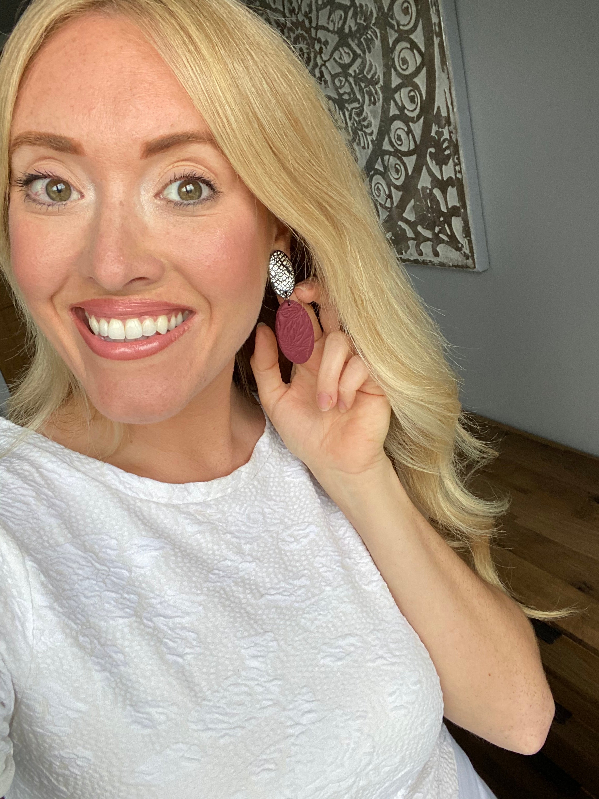 Double oval in burgundy and silver statement earrings