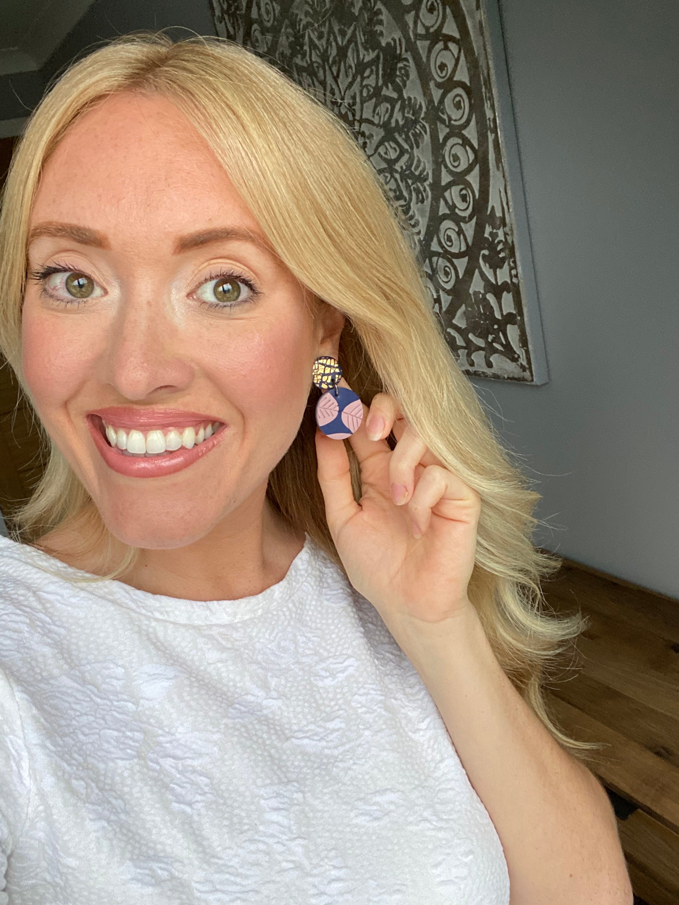 Navy leaf pattern and gold foil statement earrings