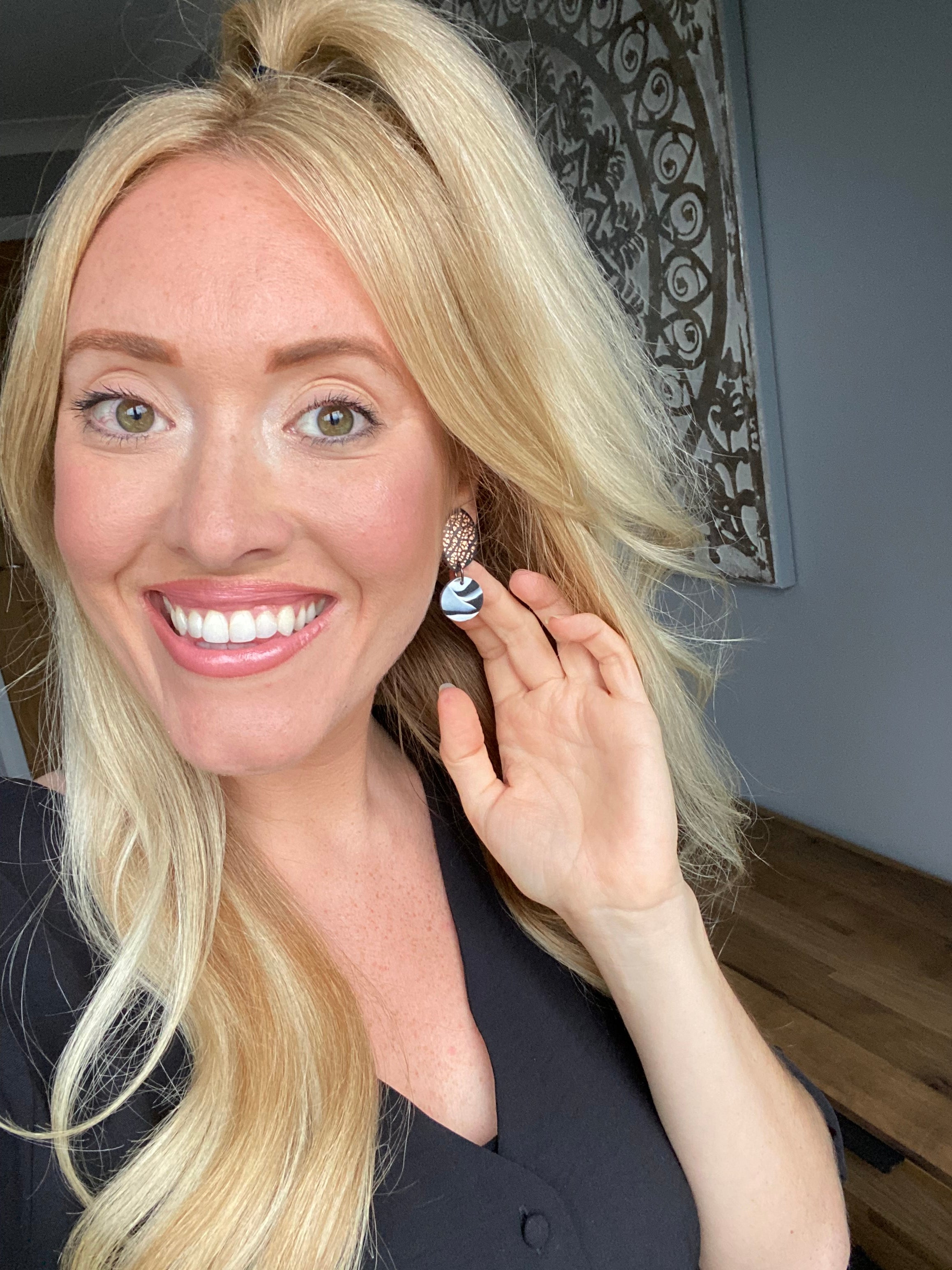 Marble disk and copper foil leaf statement earrings