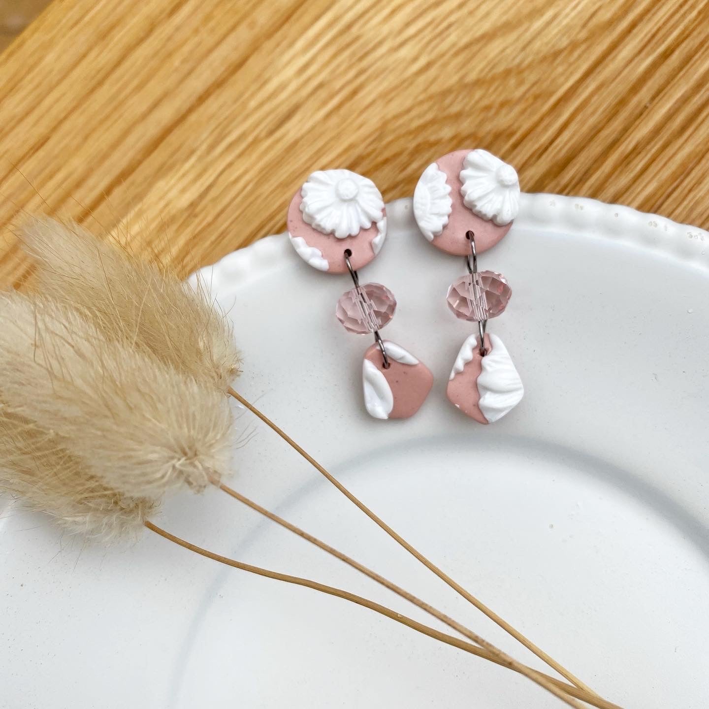 Blush pink and white flower statement earrings - pink crystal drops