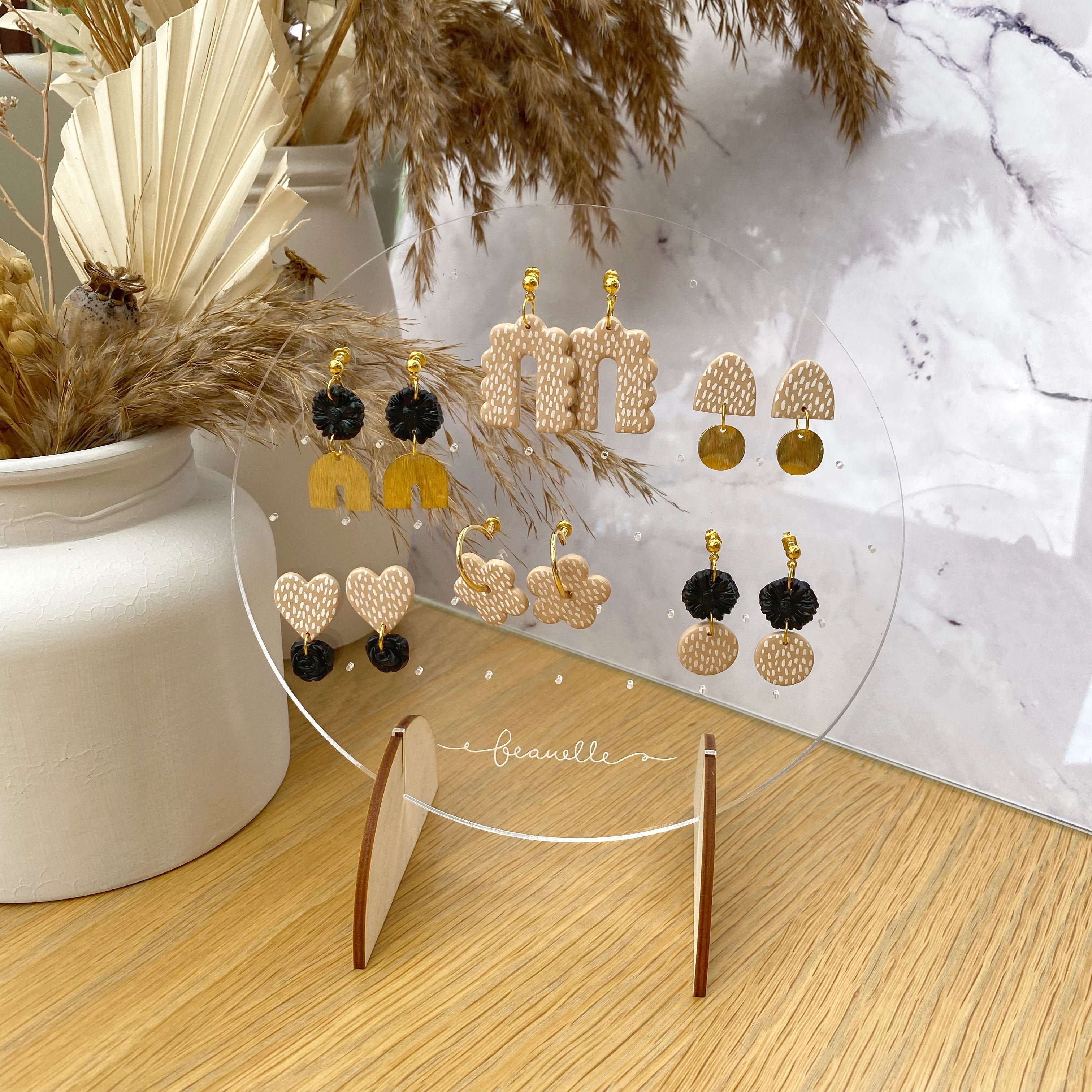 Beige + Black statement earrings - double disc