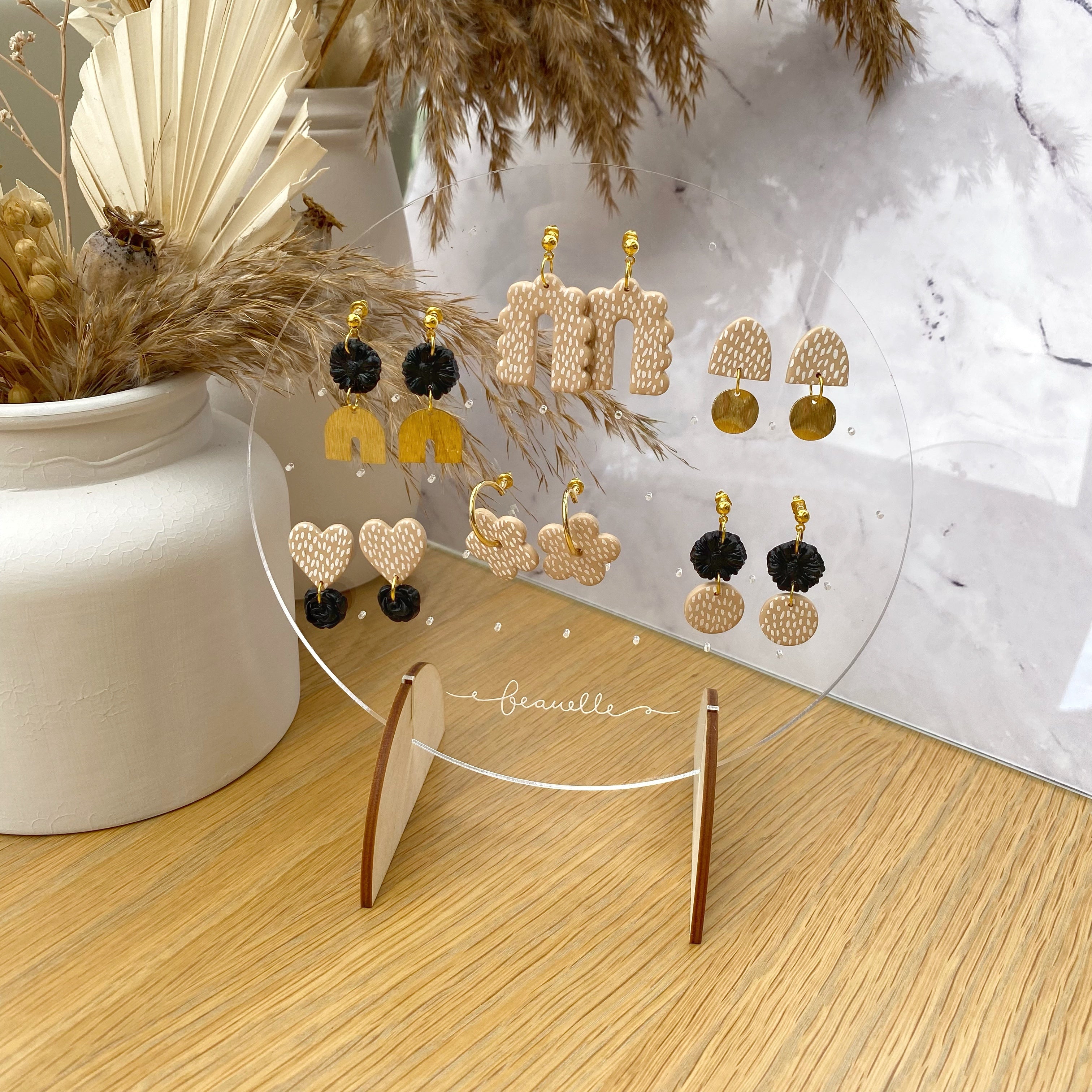 Beige + Black statement earrings - arch stud