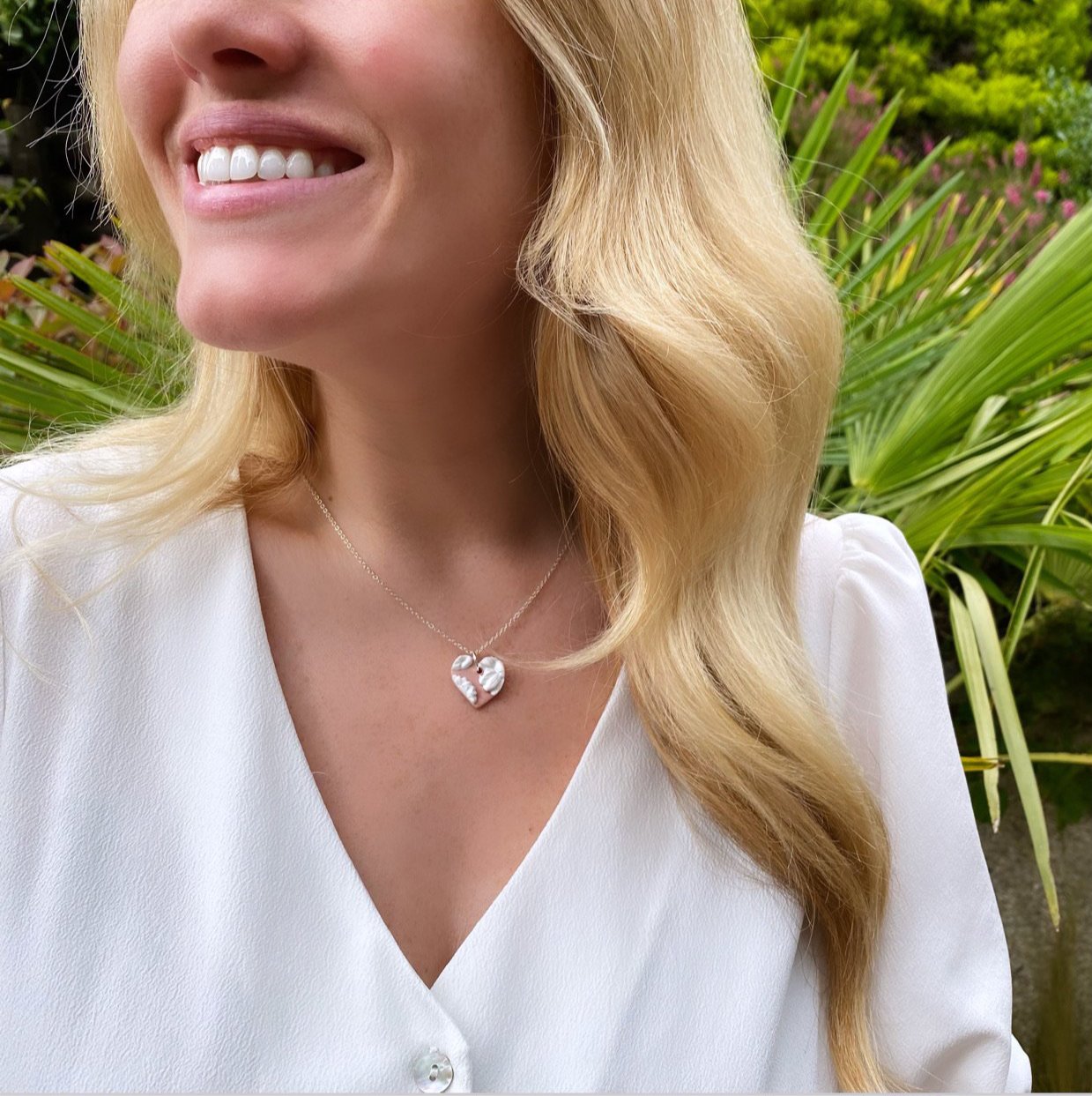 Blush pink and white flower necklace - heart shape with silver chain