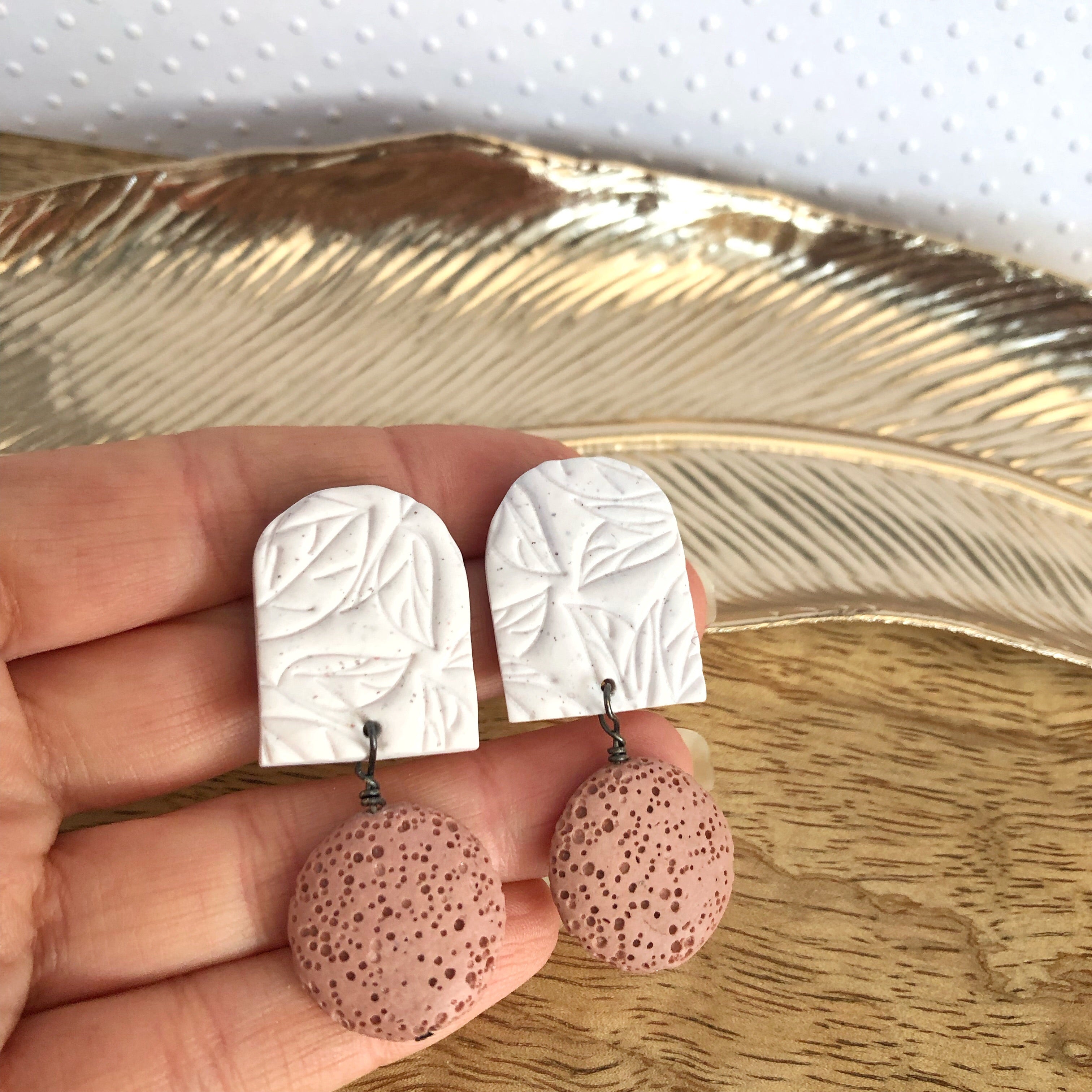 Pink lava stone and clay statement earrings