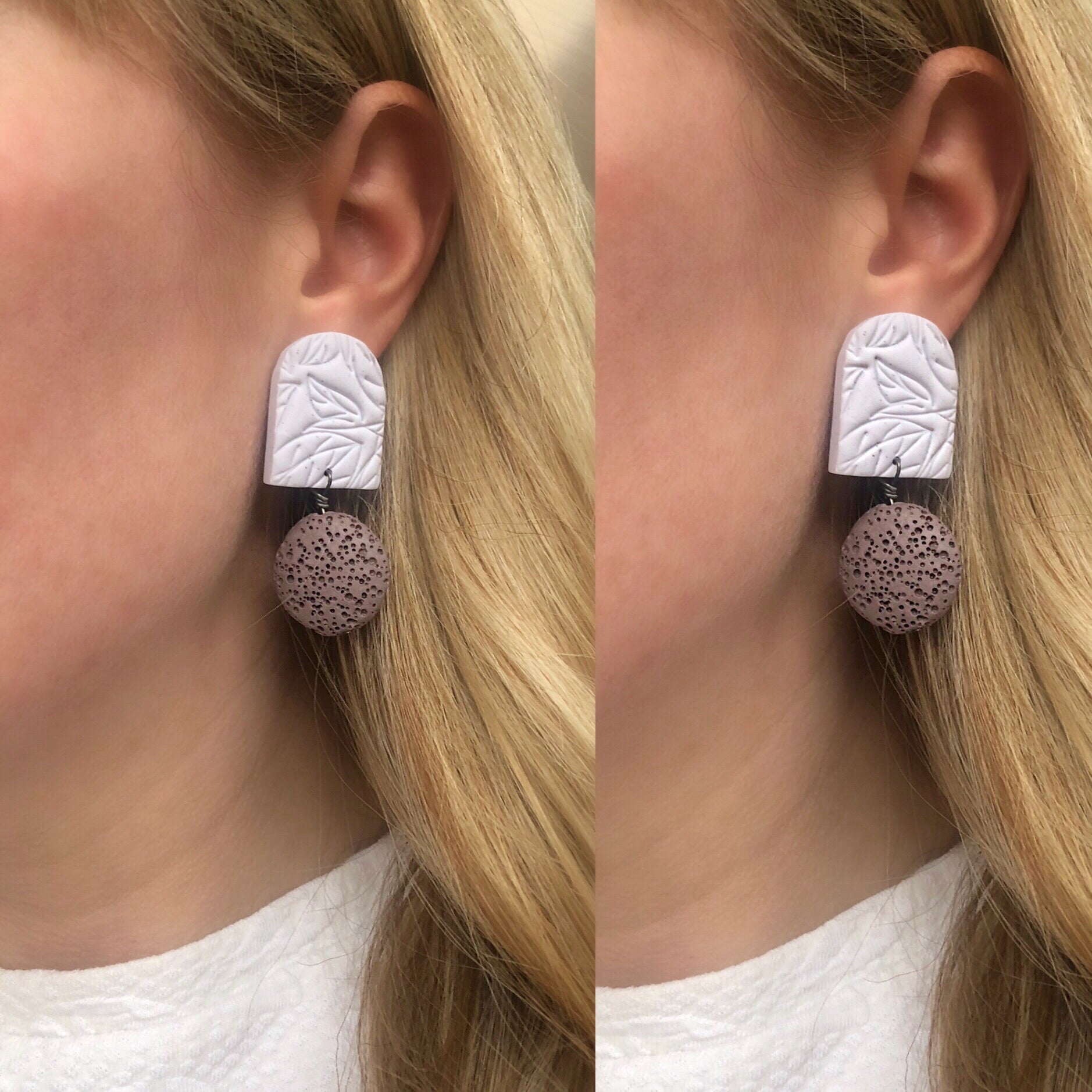 Purple lava stone and clay statement earrings