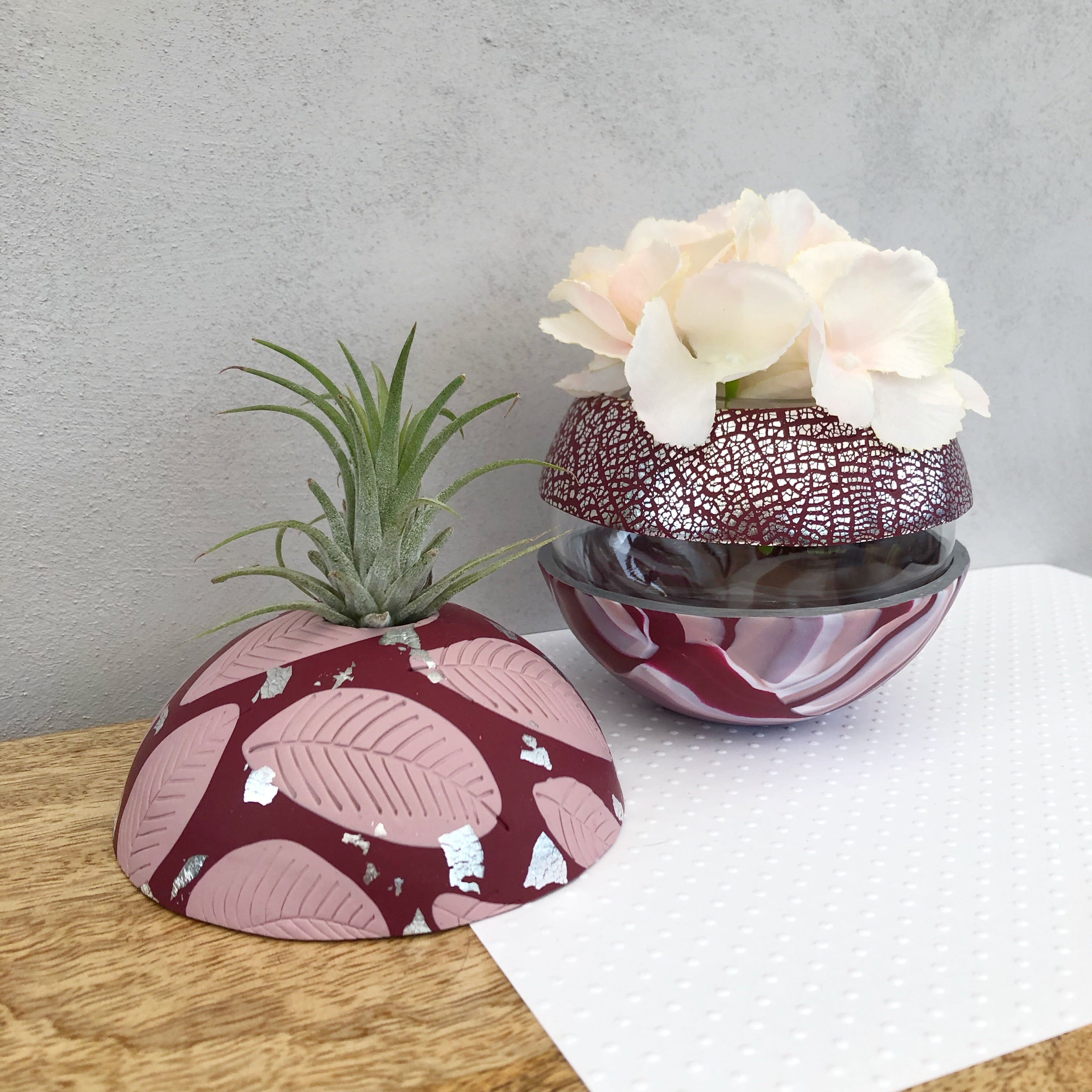 Burgundy and blush pink vase and airplant dome set